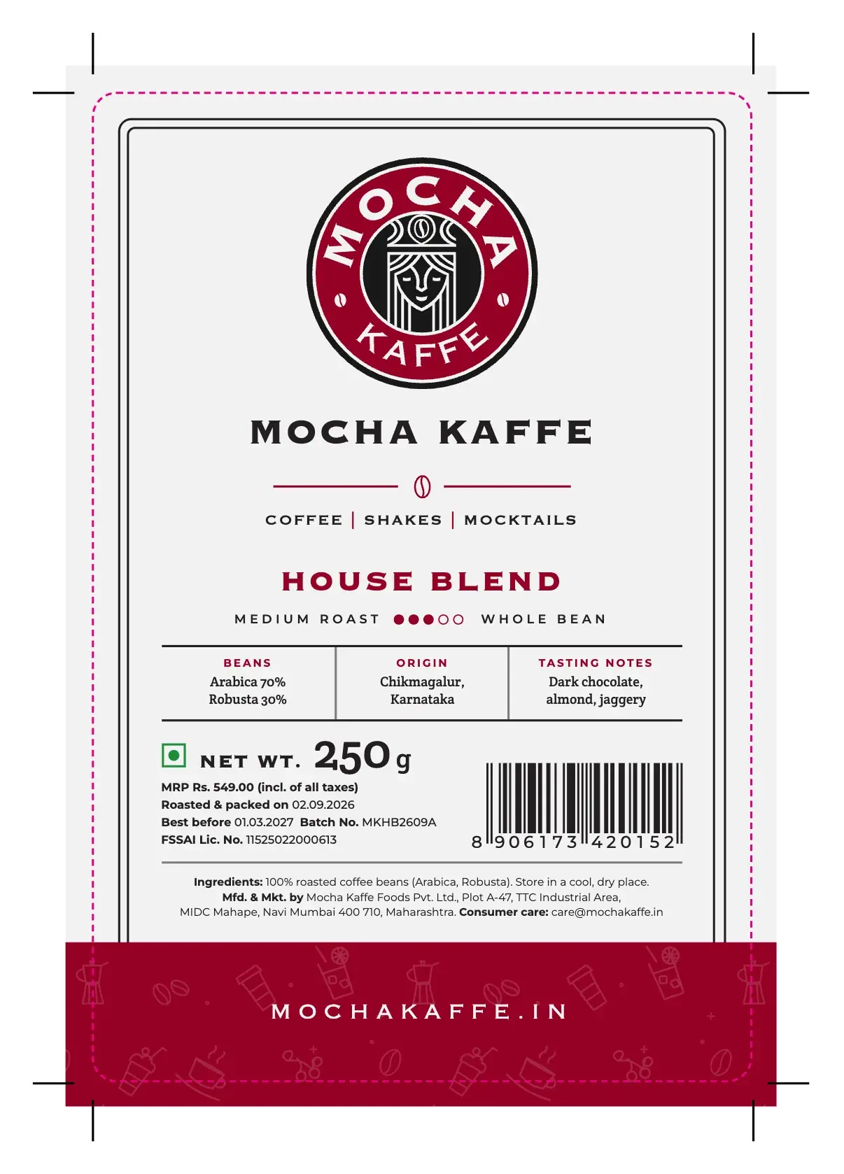 The bag label as sent to print: 3 mm bleed, crop marks and the rounded cut line.
