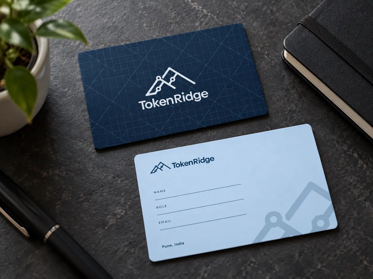 Two TokenRidge business cards on a dark slate desk: the navy front with the white logo, and the ice-blue back with the ridge mark