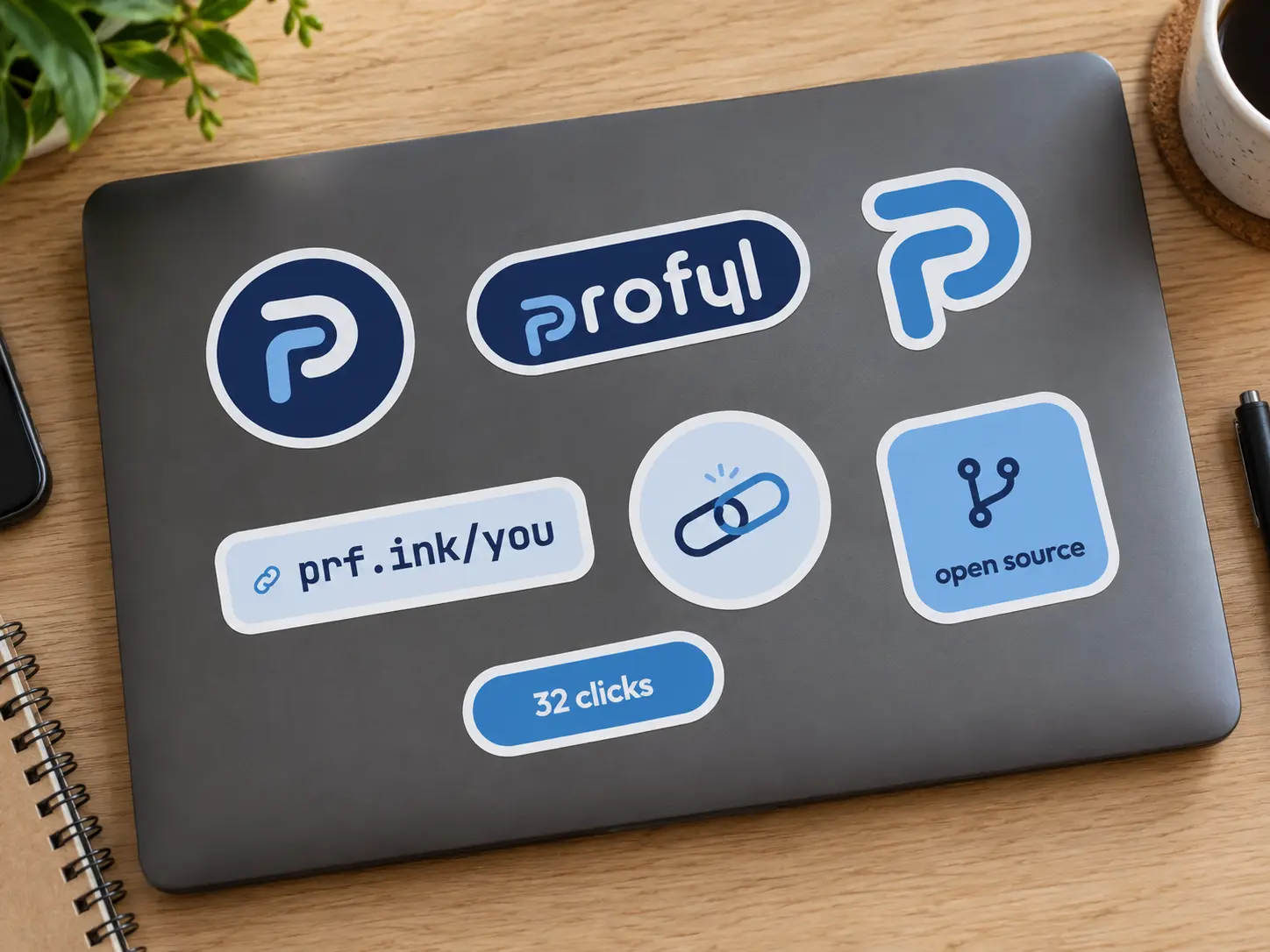 Profyl stickers on a dark grey laptop lid: the P in a navy circle, the wordmark on a navy pill, the P cut to its own shape, prf.ink/you, two links, open source and 32 clicks.