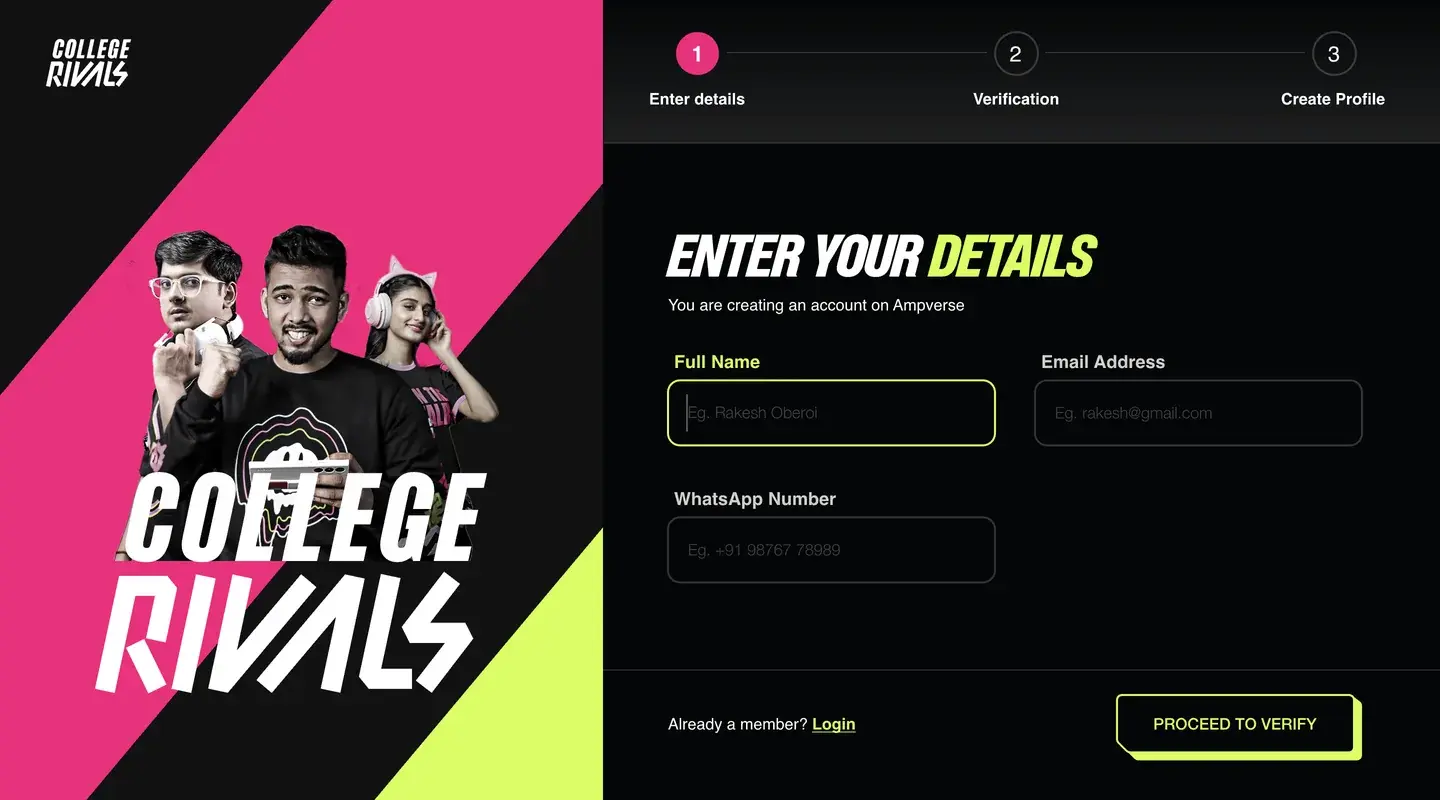 Design: step 1 of sign-up, Enter your details, beside the season's key art of three players over COLLEGE RIVALS on pink and lime.