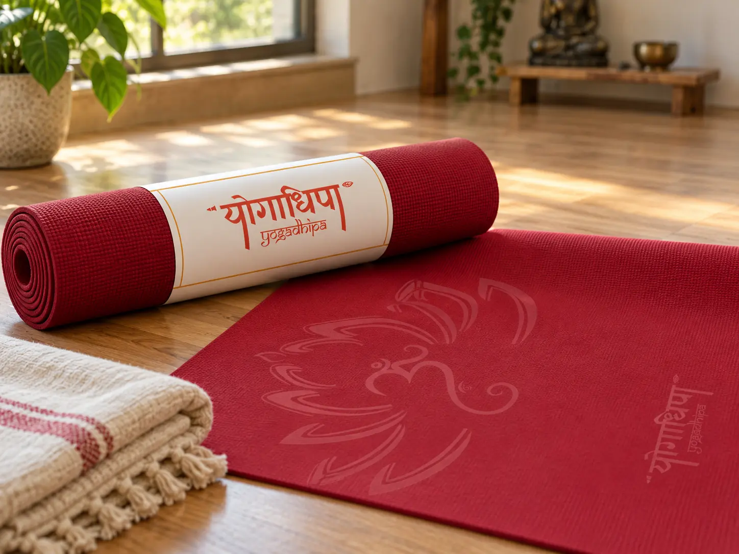A rolled crimson yoga mat in a white Yogadhipa band on a wooden studio floor, a second mat unrolled beside it with the lotus printed tone on tone.