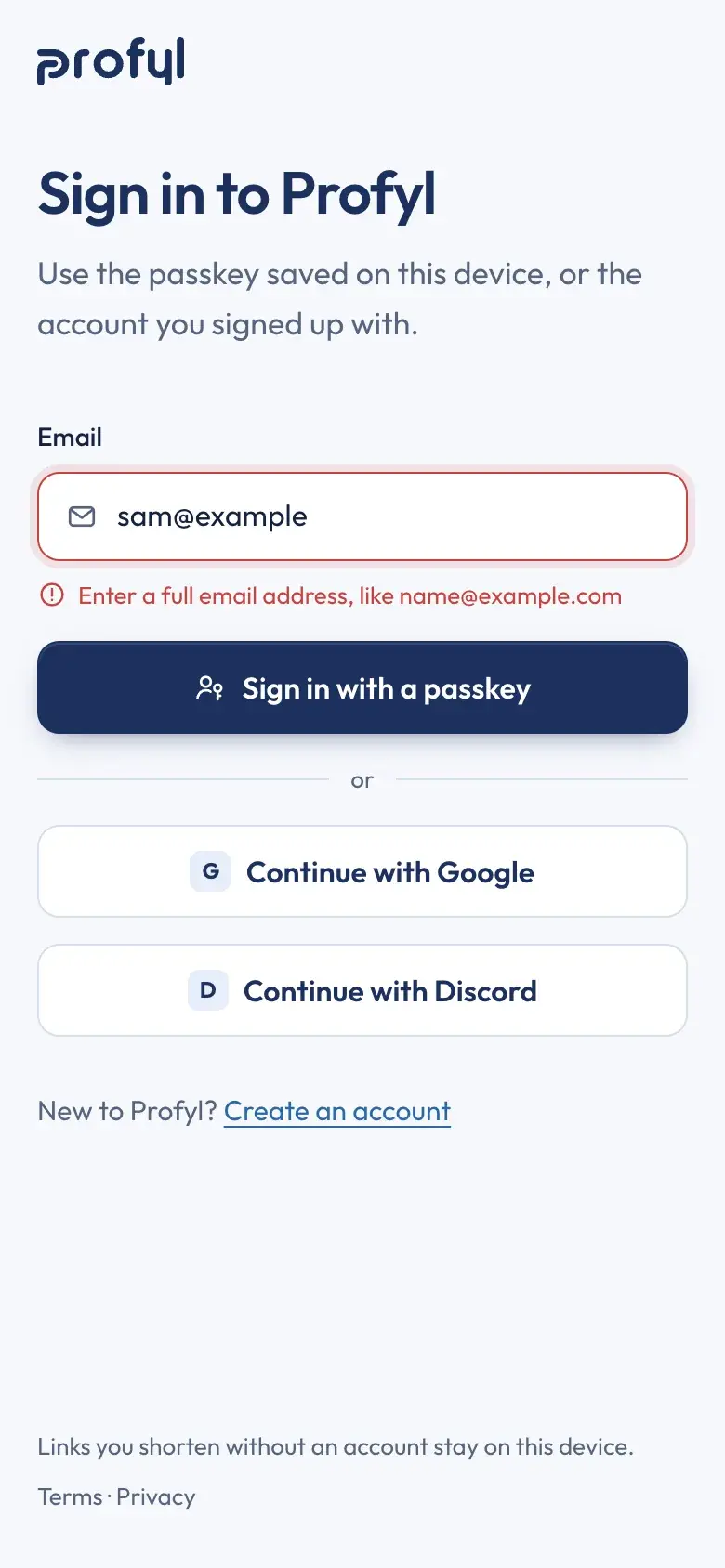 Sign in on a phone, with the email error