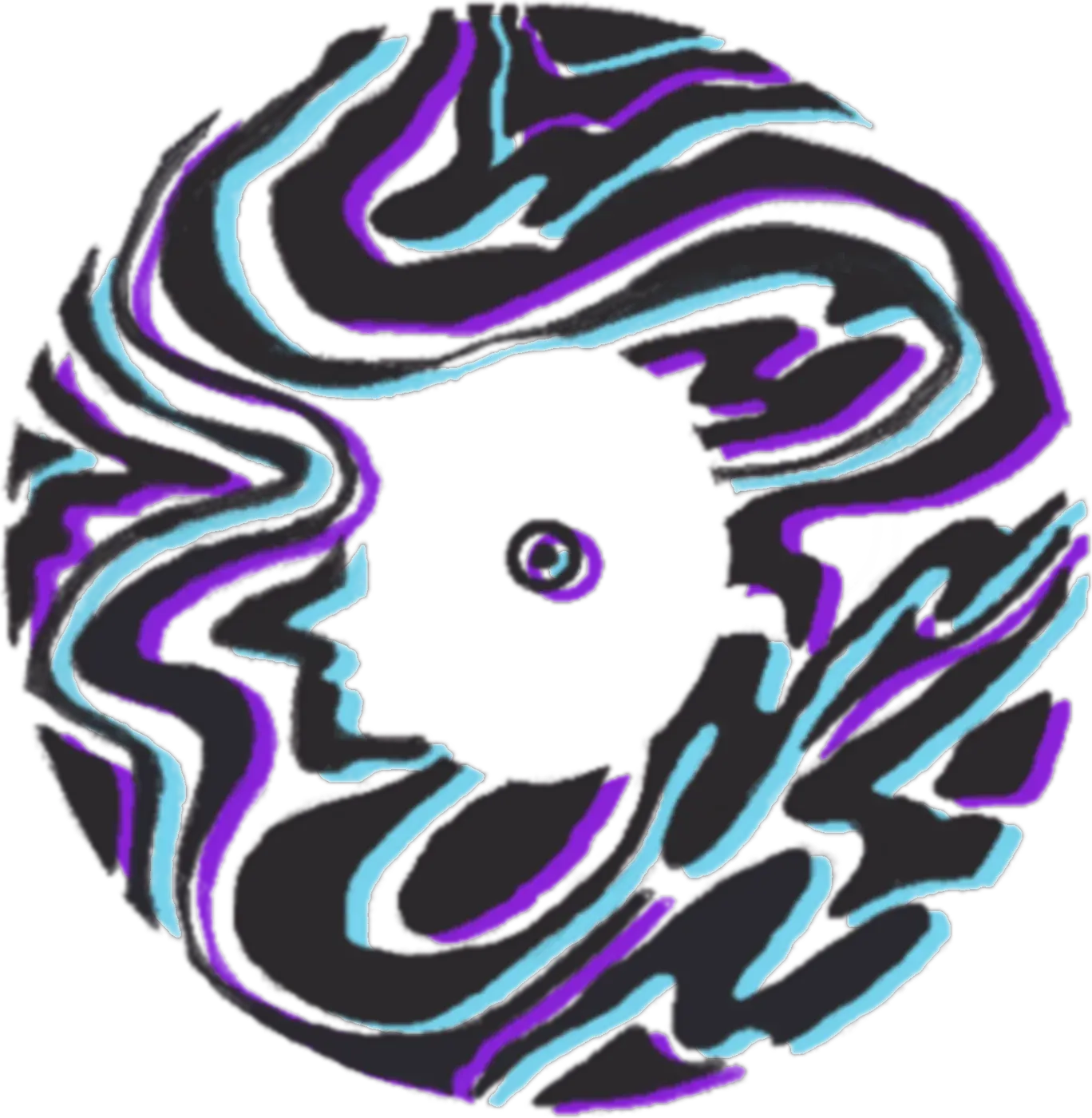 The mark in black with cyan and violet offset outlines.
