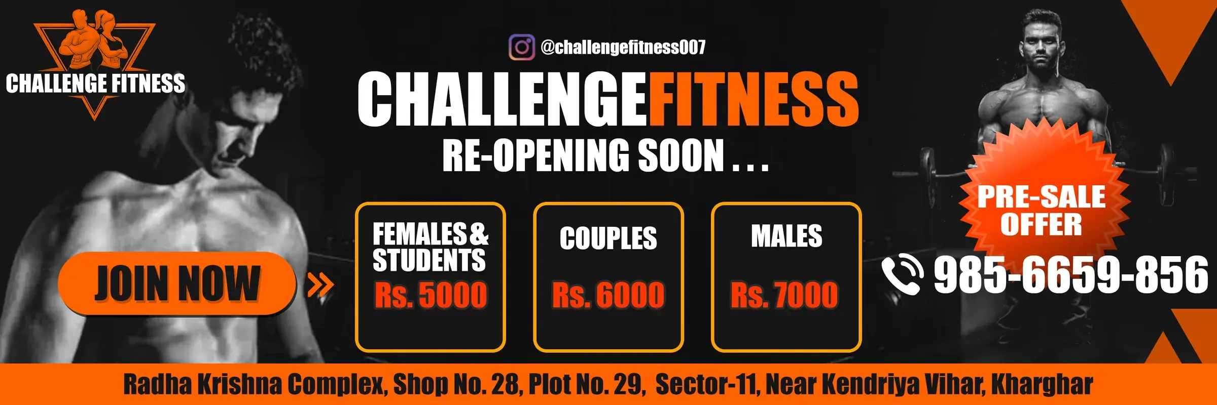 Pre-sale banner: RE-OPENING SOON in white and orange condensed capitals, rates for women and students, couples and men in orange boxes, a JOIN NOW button and a PRE-SALE OFFER starburst, a bodybuilder in black and white at each end