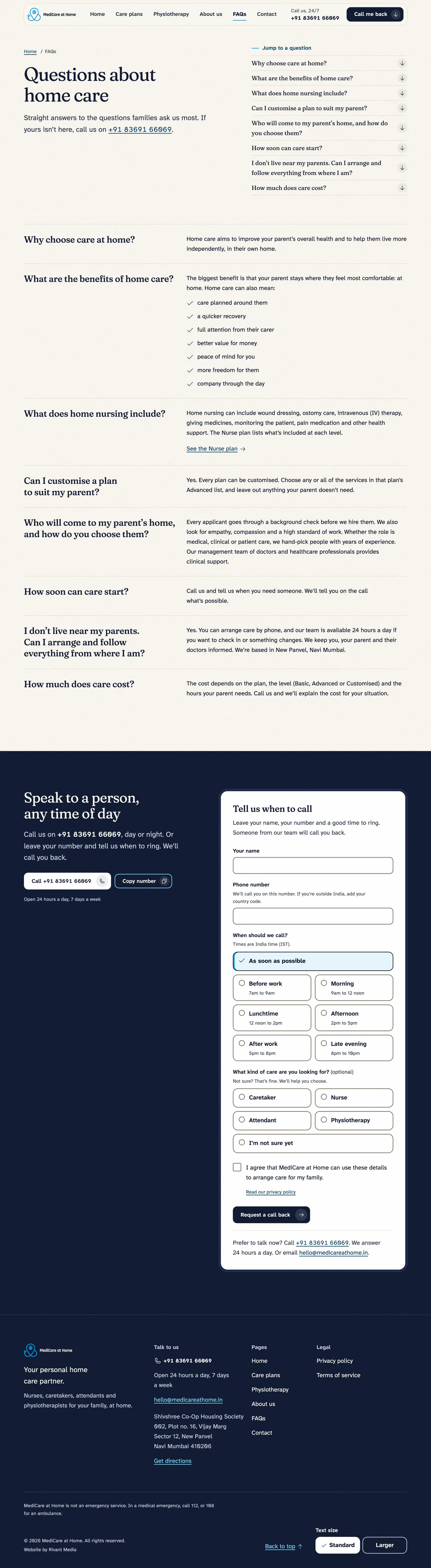 The FAQs page on desktop: eight questions about home care listed at the top, each answered in full below with nothing folded away