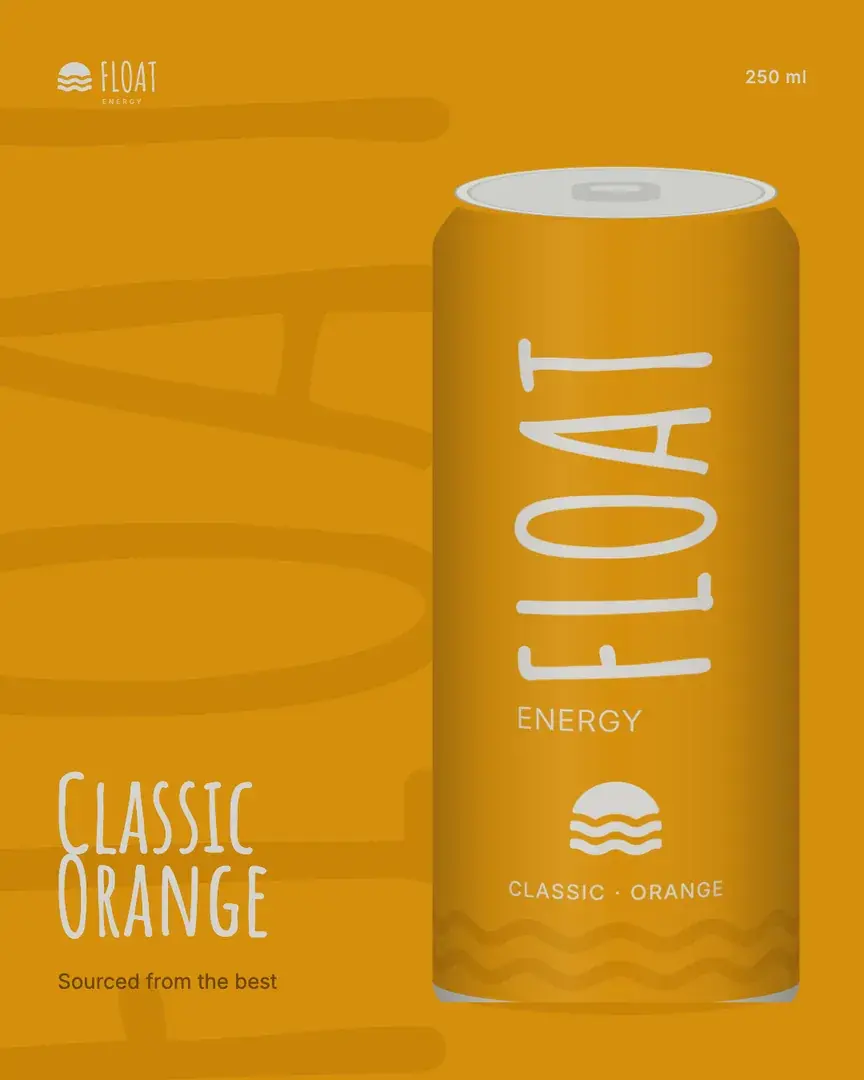 Launch post for Classic Orange: the can on orange, FLOAT huge and tonal behind it