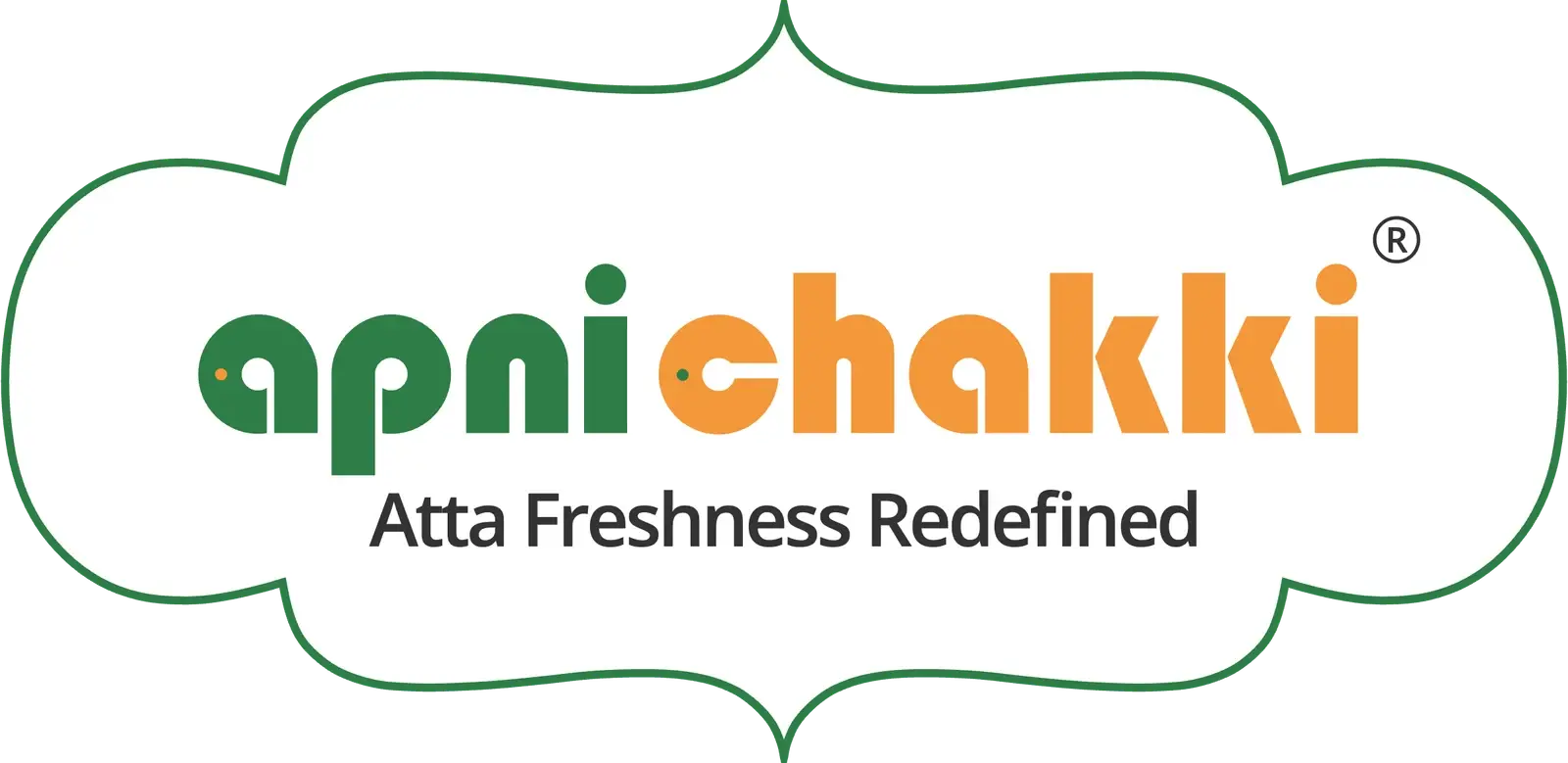 The Apni Chakki logo: “apni” in green and “chakki” in orange, rounded letters with a grain for a dot, over “Atta Freshness Redefined”, inside a scalloped green frame