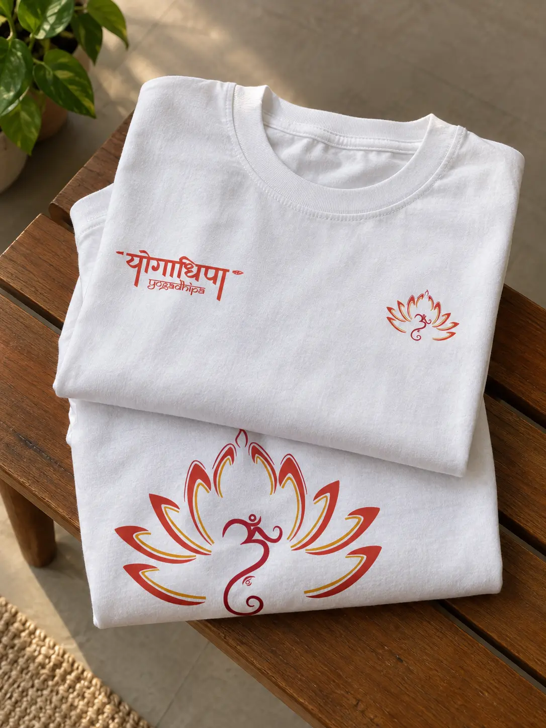A folded white T-shirt with the Yogadhipa wordmark and a small lotus on the chest, a second shirt beneath it showing the lotus printed on its back.