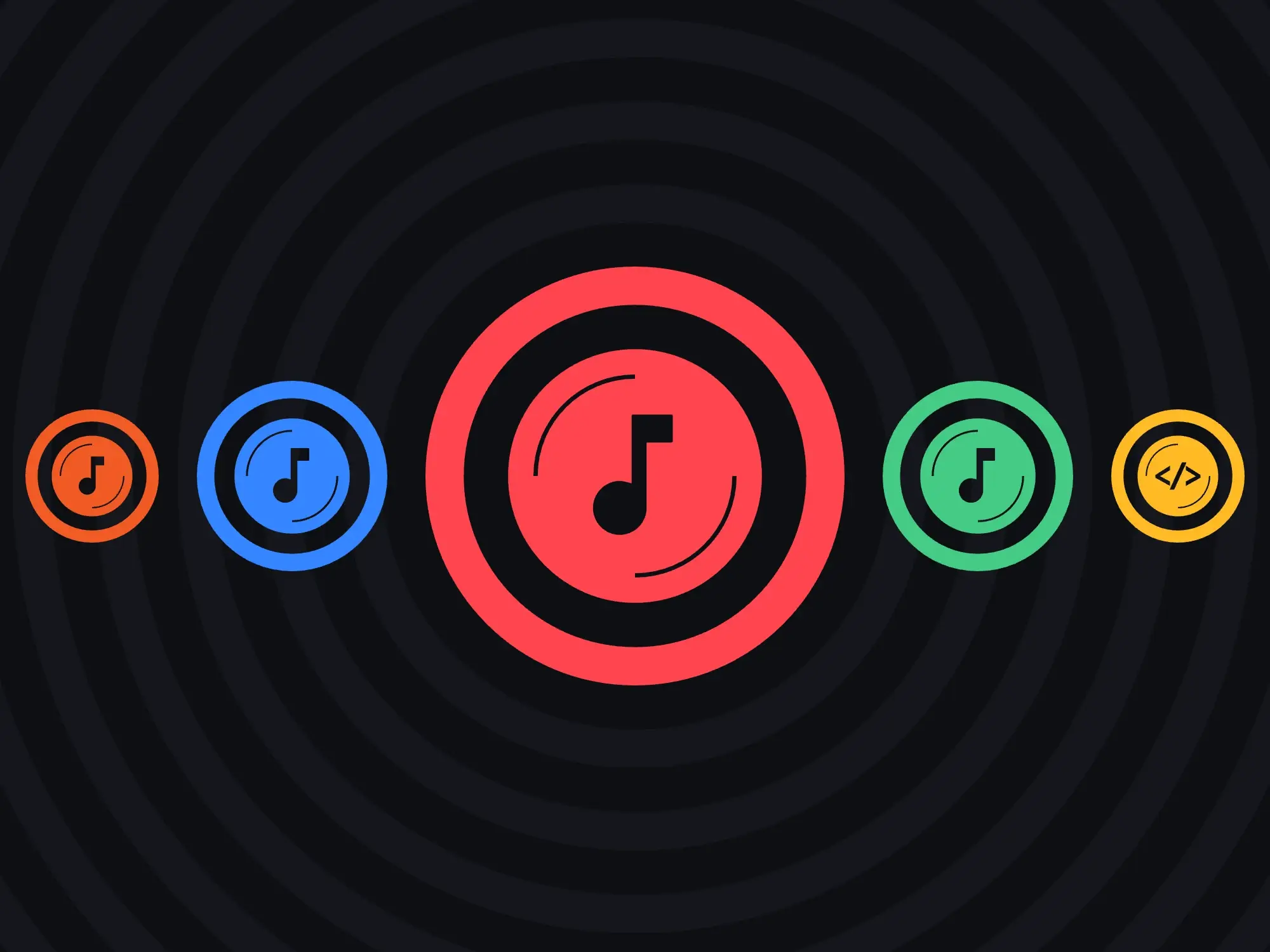 Tuney’s five icons in a row on dark rings: orange Staging and blue Tuney 2 on the left, coral Tuney large in the middle, green Tuney 3 and yellow Development on the right