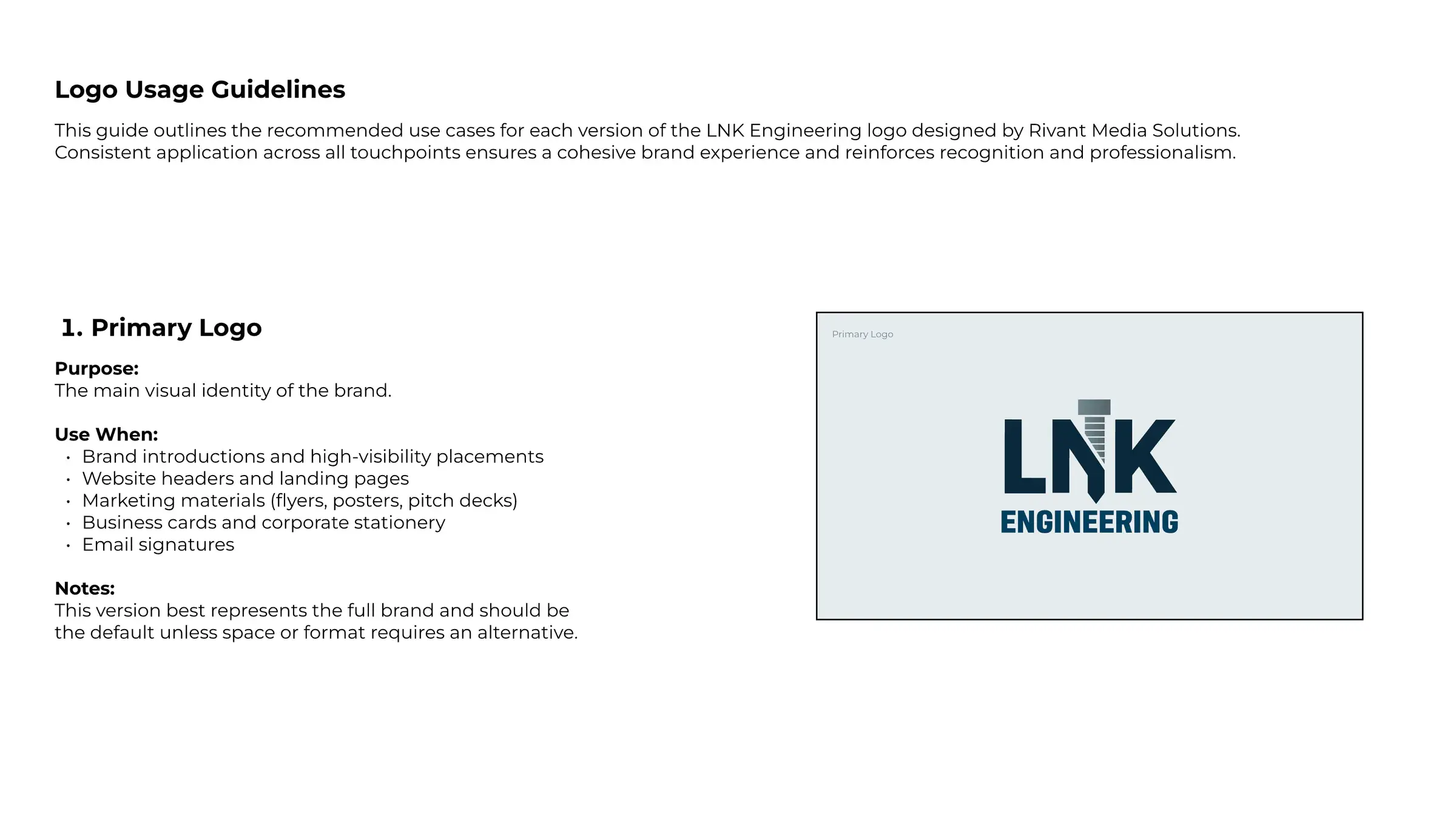 Guide page: logo usage guidelines, and the primary logo's purpose, uses and notes beside it.