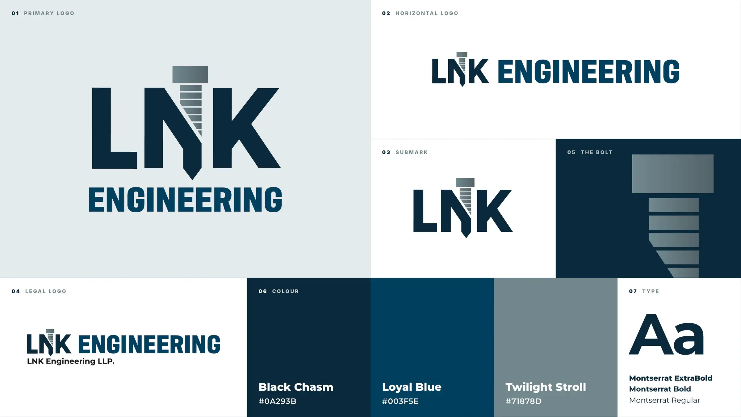 Brand board: the primary, horizontal, legal and submark logos, the bolt on navy, the three blues with their codes, and Montserrat.