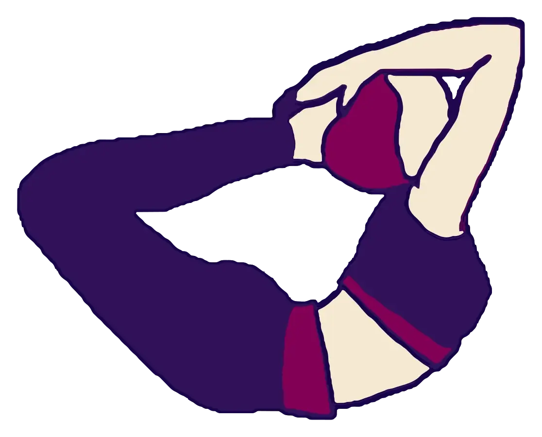 Bow (Dhanurasana), drawn in purple, plum and cream.
