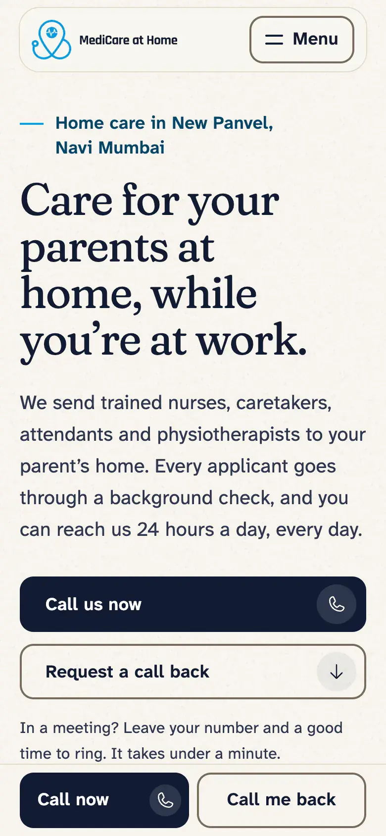 The top of the 2026 home page on a phone, with “Call now” and “Call me back” in a bar fixed to the bottom of the screen
