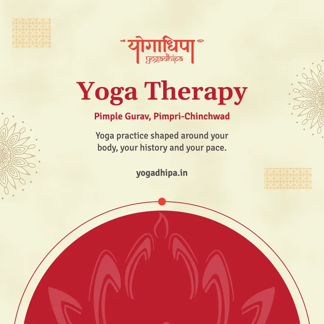 Post: Yoga Therapy, Pimple Gurav, Pimpri-Chinchwad, above a crimson circle rising from the foot.