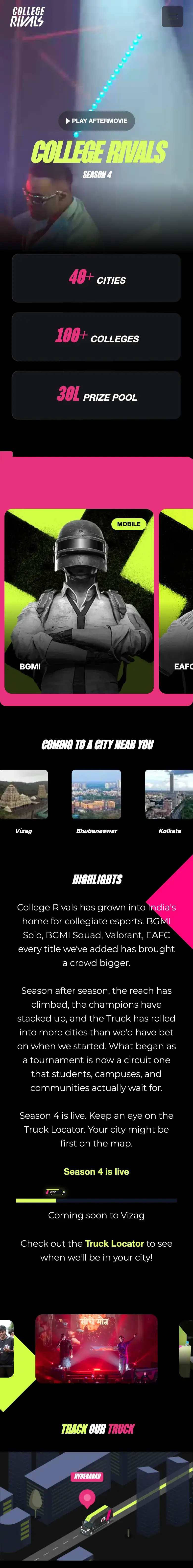 The home page on a phone on 13 September 2026, from the hero and its three cards through the games, the city ticker and Highlights to the truck map.