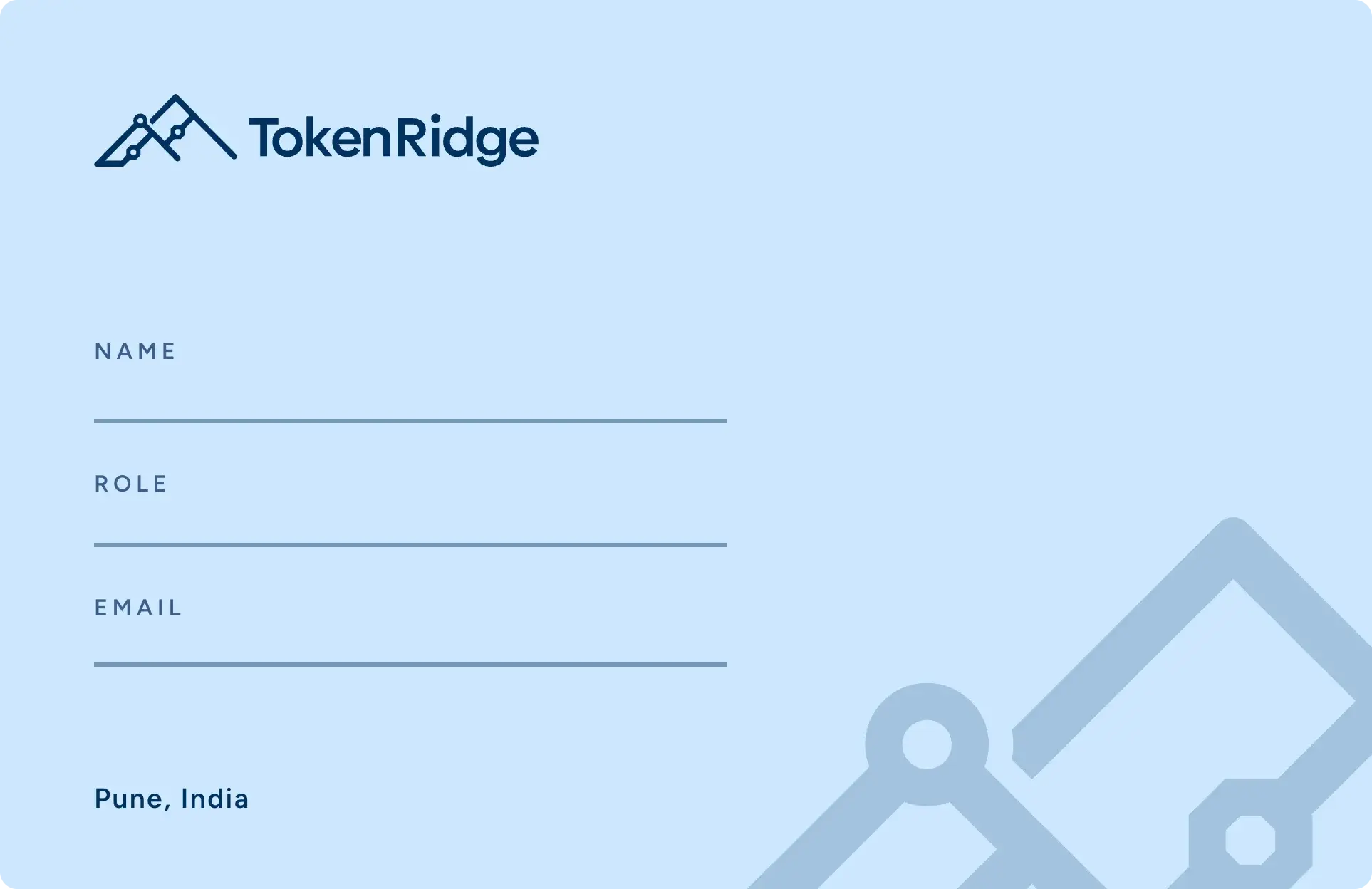 The business card back in ice blue: the horizontal logo, name, role and email lines, and the ridge mark large and faint