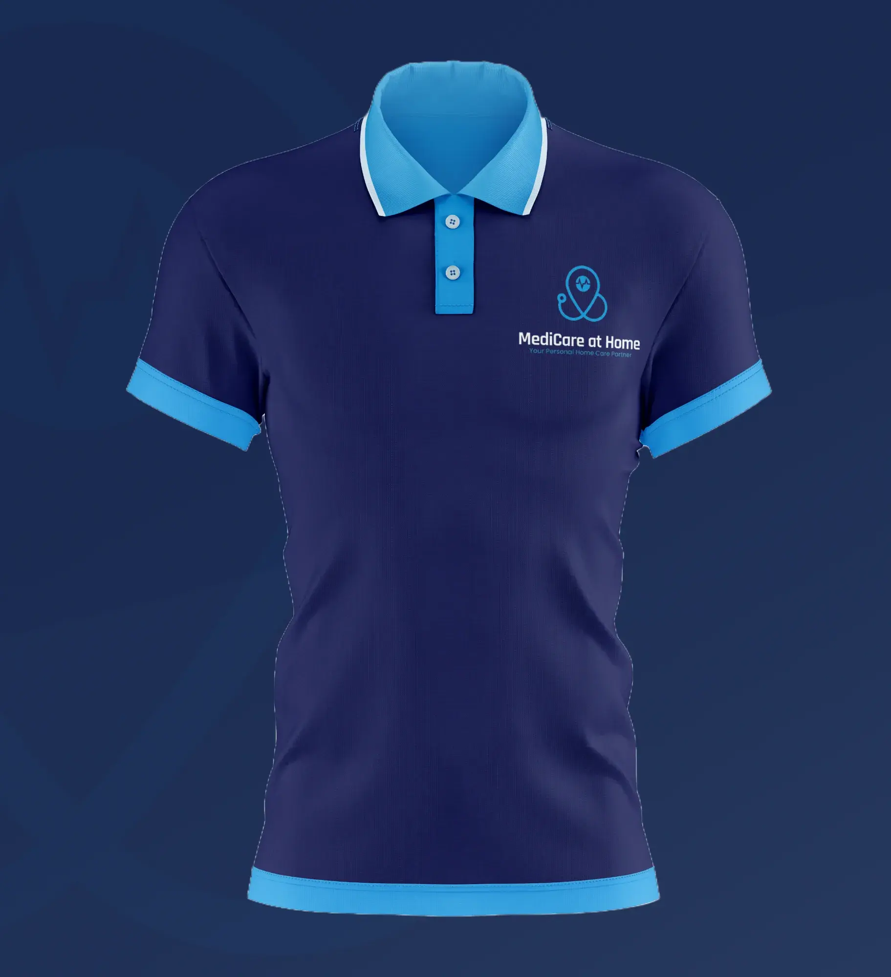 A navy staff polo with a blue collar, placket and cuffs, the logo on the chest