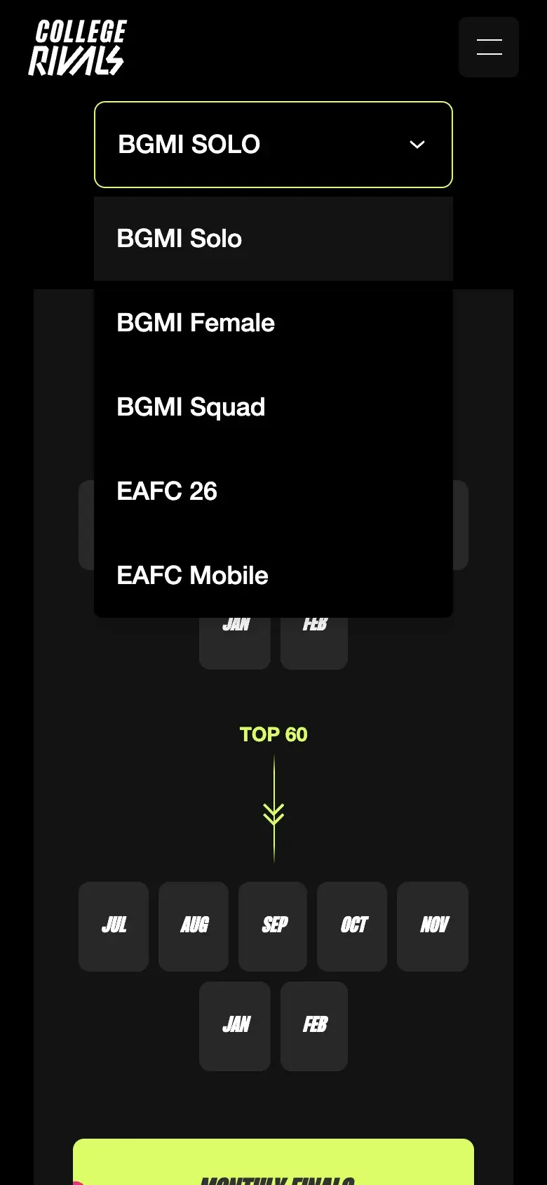The esports page on a phone with its game picker open: BGMI Solo, BGMI Female, BGMI Squad, EAFC 26 and EAFC Mobile.
