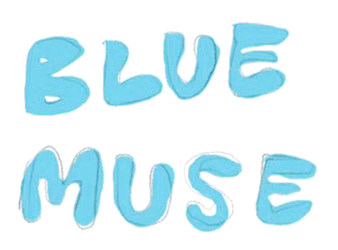 The first sketch: BLUE MUSE in soft cyan brush letters.