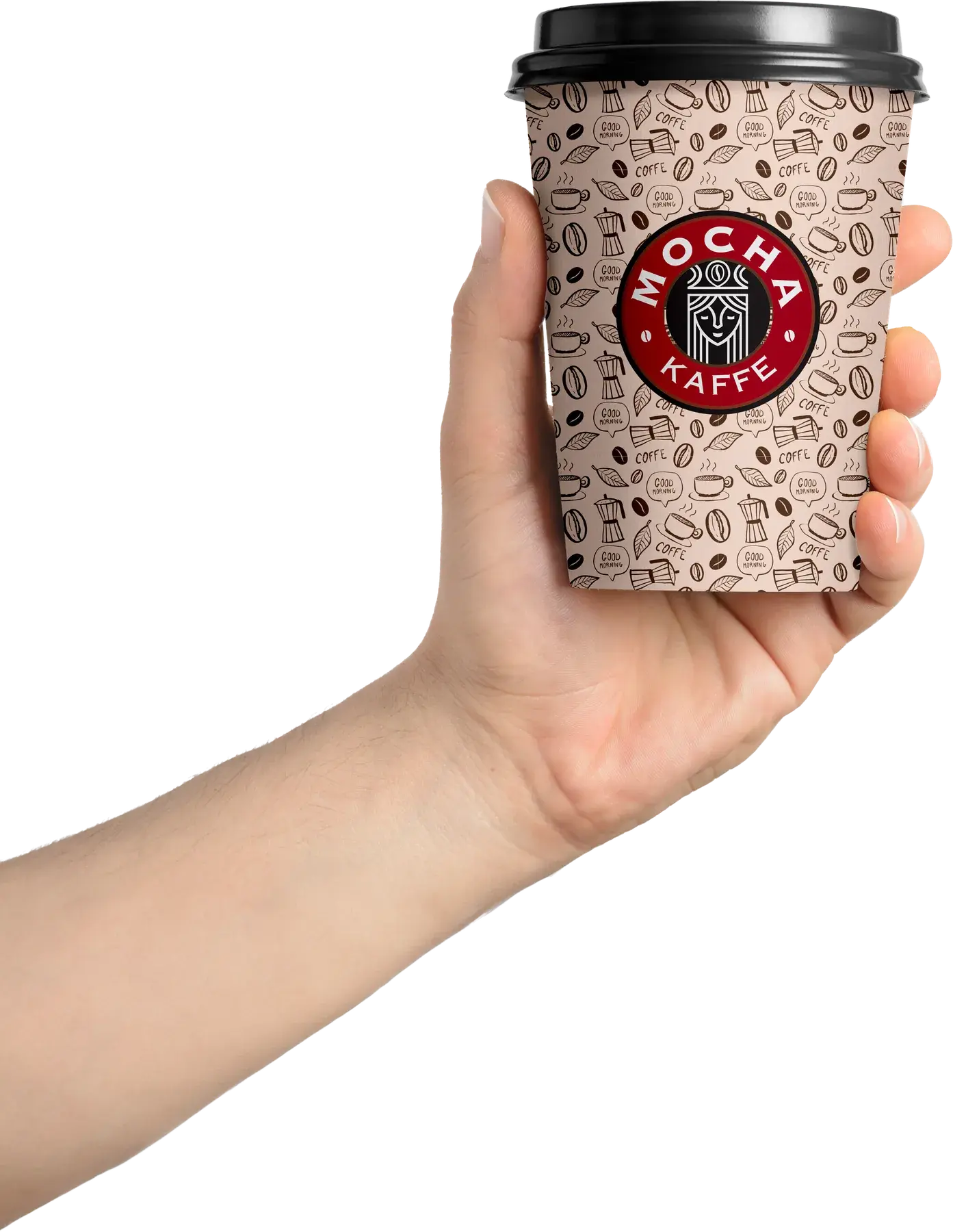 A hand holding a takeaway cup wrapped in a coffee doodle pattern, with the Mocha Kaffe crest on its front.