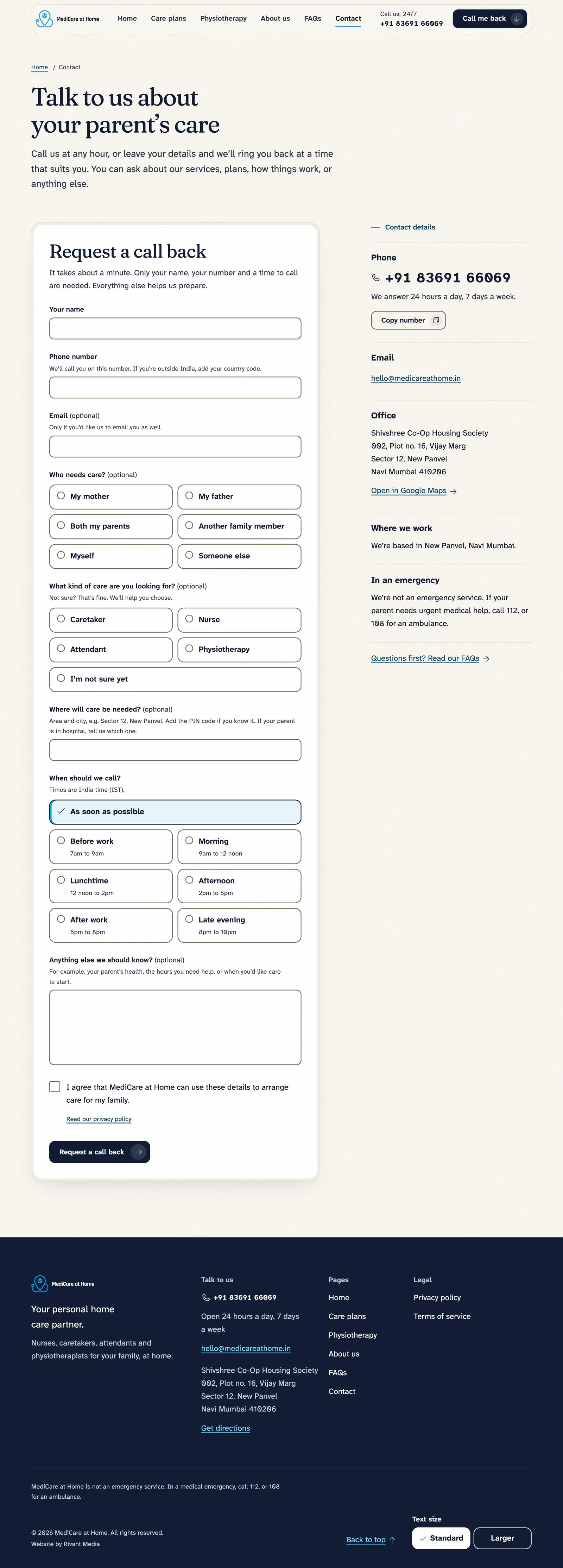 The contact page on desktop: “Talk to us about your parent’s care”, the full call-back form with its optional questions marked, and the phone number, email, office address and emergency note beside it