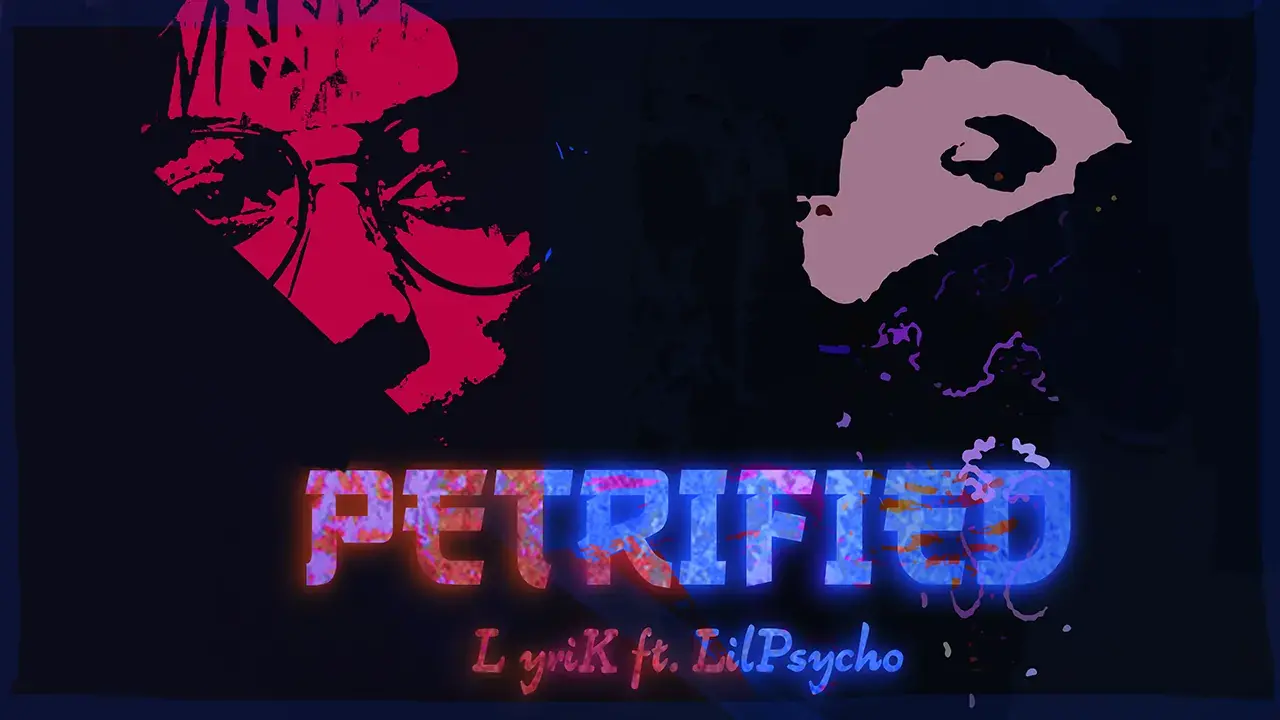 The Petrified thumbnail: the two torn faces at either side and the glitching title beneath.