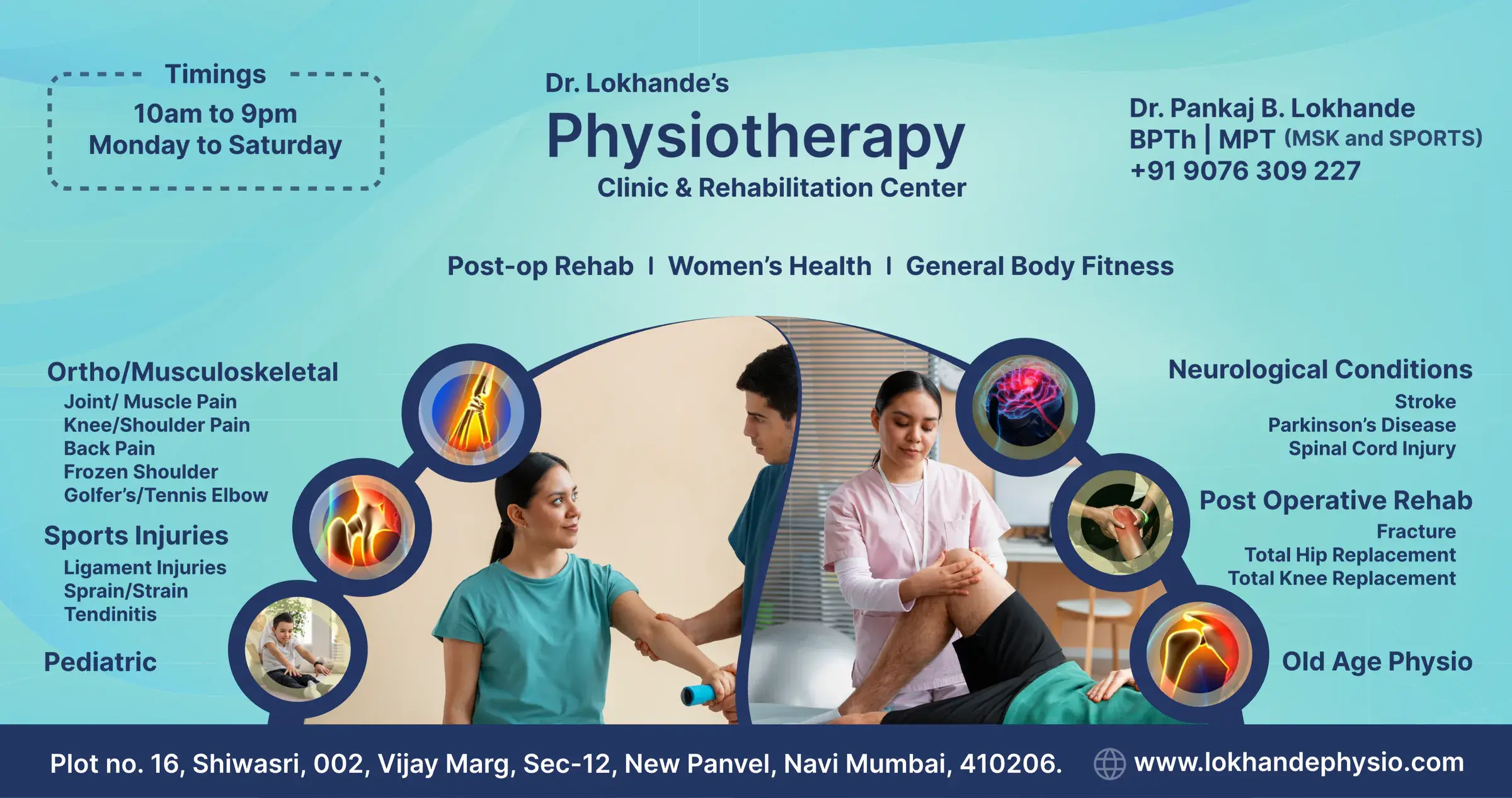 The main board in English: timings, the clinic's name and Dr. Lokhande's details across the top, the treatment groups with round icons around two treatment photographs, and the address on a navy base.