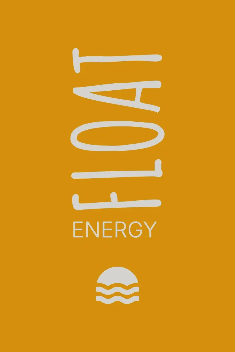 The vertical lockup in warm grey on orange: FLOAT, ENERGY and the icon