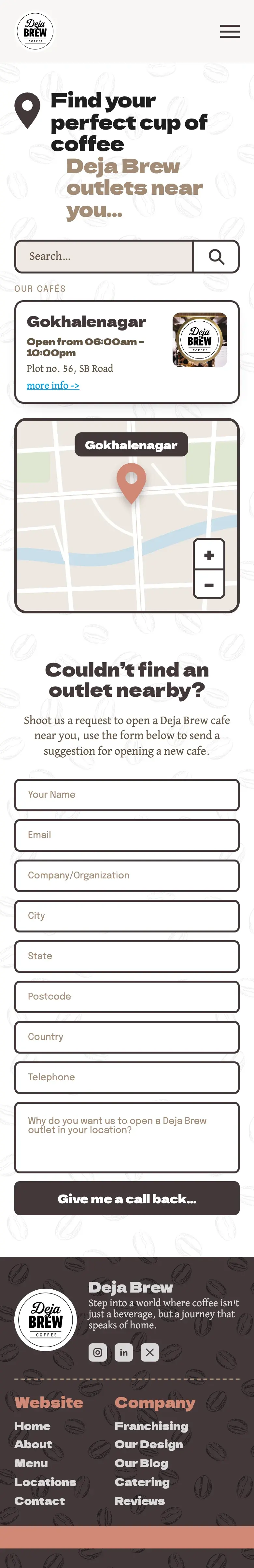 The locations page on a phone: the search, the Gokhalenagar café, the map and the request form.