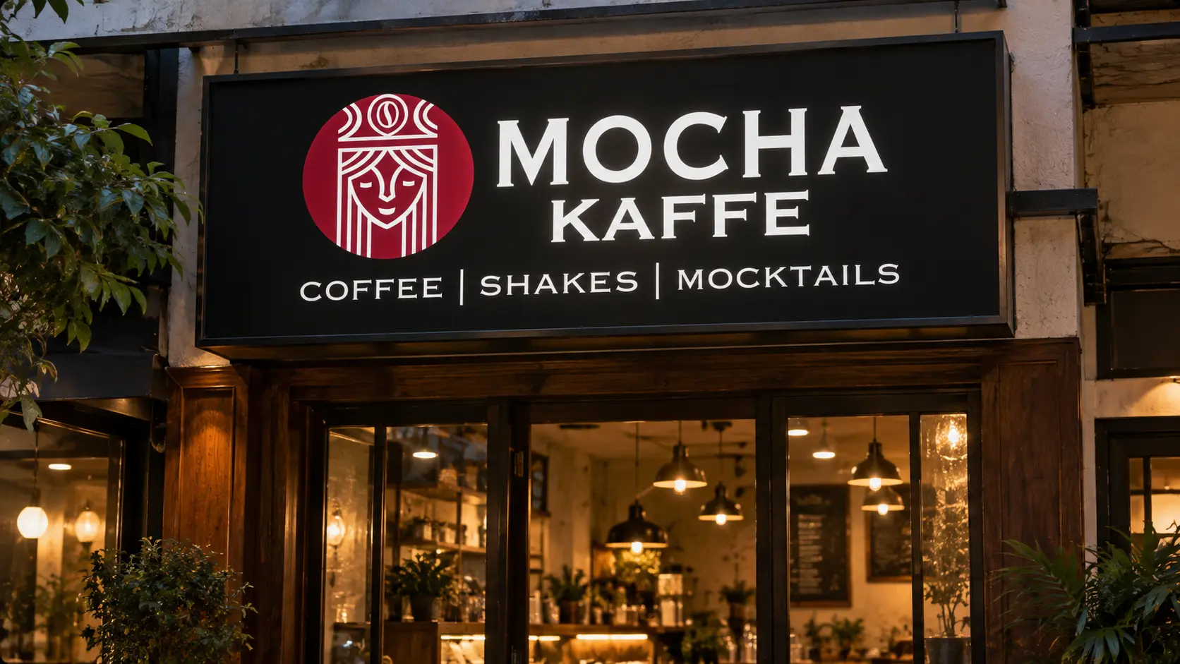 A backlit sign with the Mocha Kaffe crest and wordmark above a small café's dark wooden front in the evening.