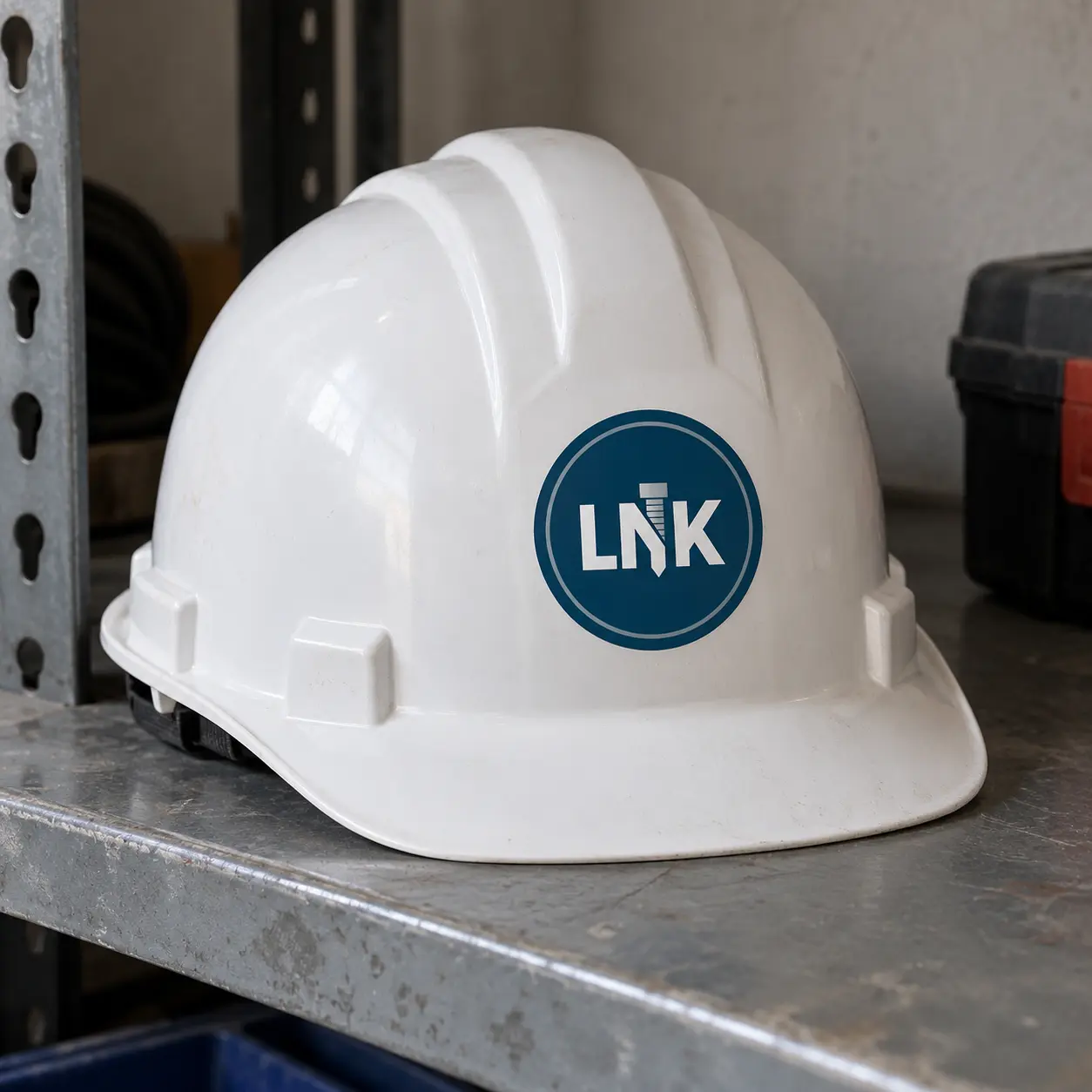 A white safety helmet on a steel shelf with the round Loyal Blue LNK sticker on its front.