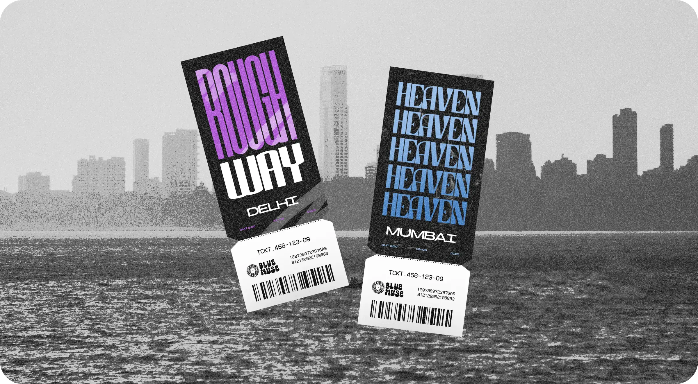 Two gig tickets over a grey city seafront: ROUGH WAY, Delhi, in violet and white, and HEAVEN repeated in blue, Mumbai, each with a tear-off stub, barcode and the logo.