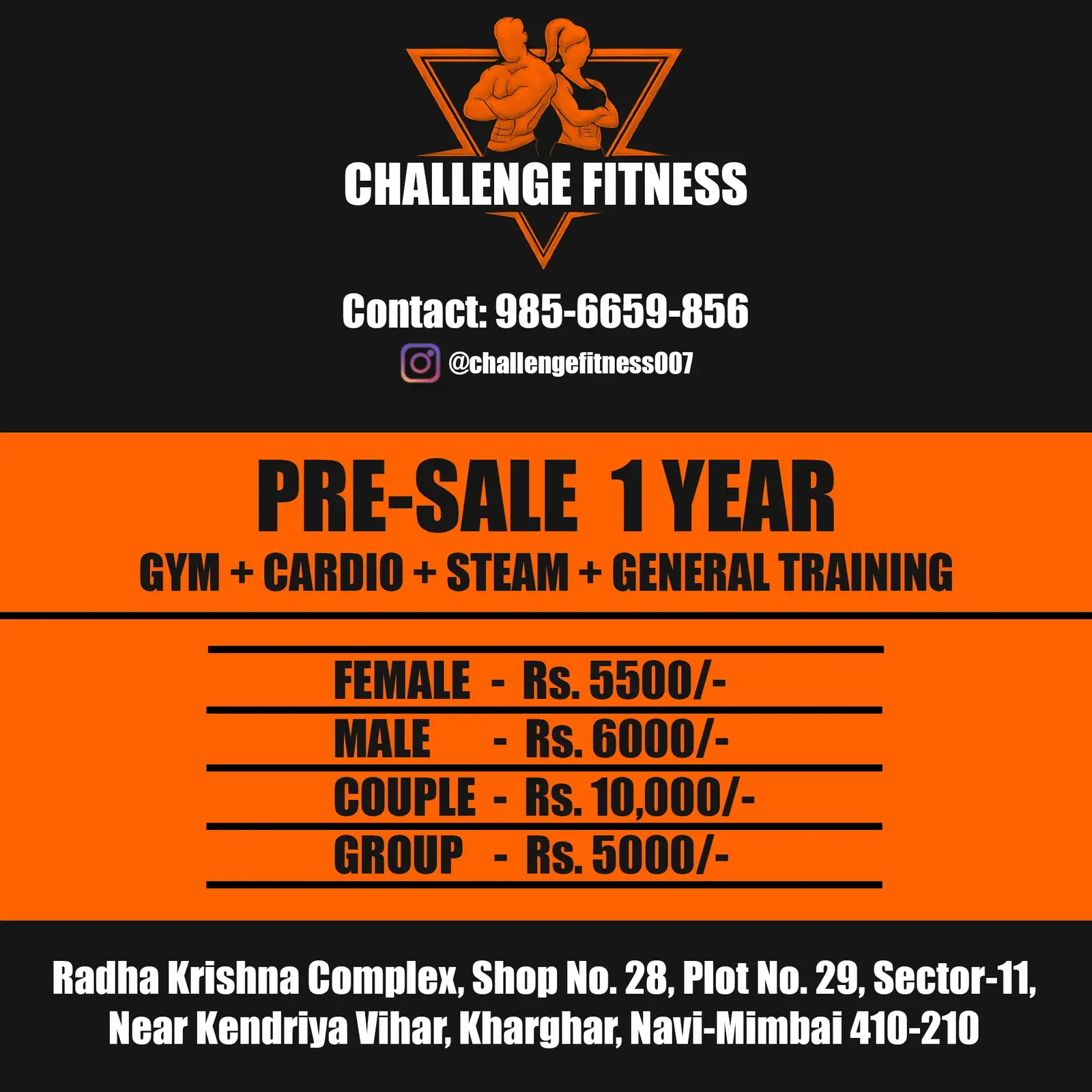 Pre-sale price list: the orange logo on black, then PRE-SALE 1 YEAR on an orange band with rates for female, male, couple and group, and the gym’s address