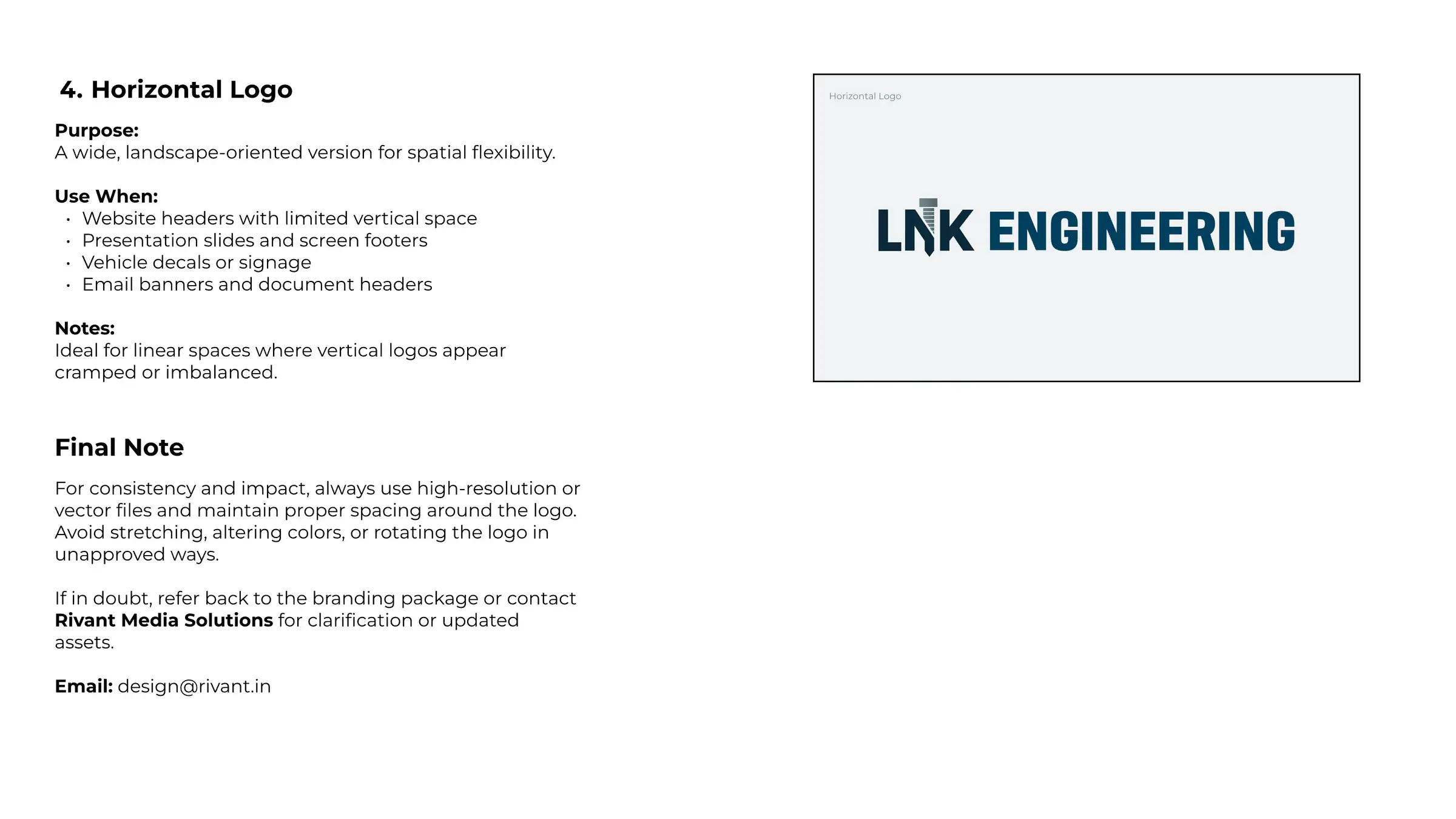 Guide page: the horizontal logo's uses, and a final note on spacing, colour and contact for updated files.