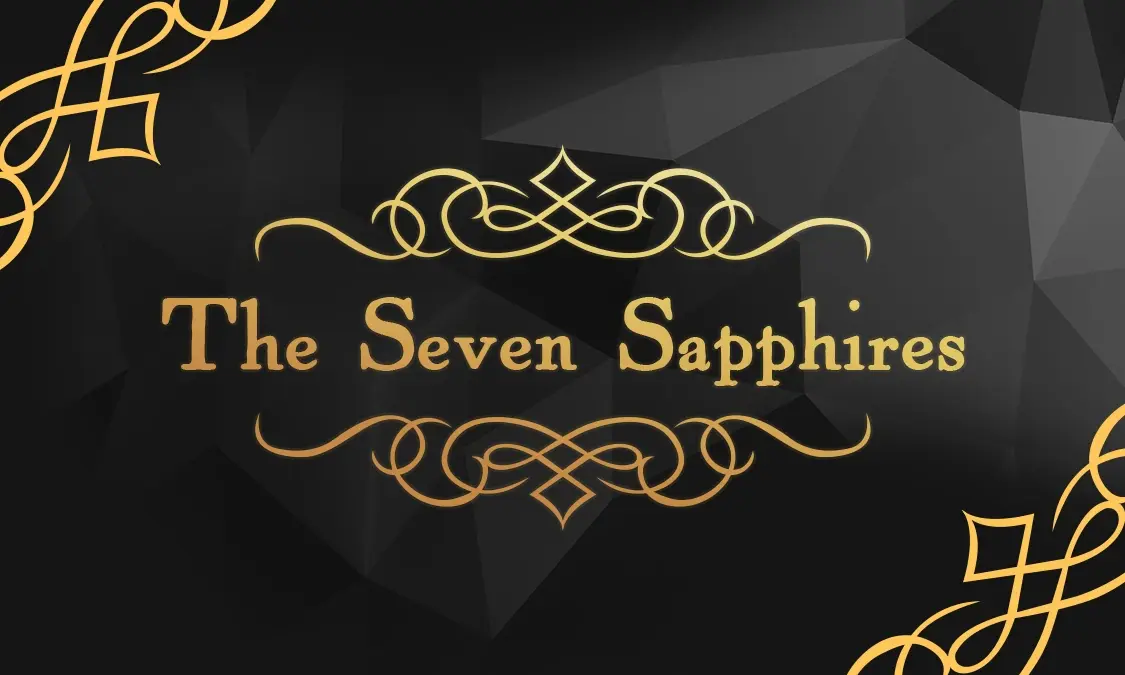 The card's front: the gold logo between two flourishes on faceted black, with gold scrollwork in the top left and bottom right corners