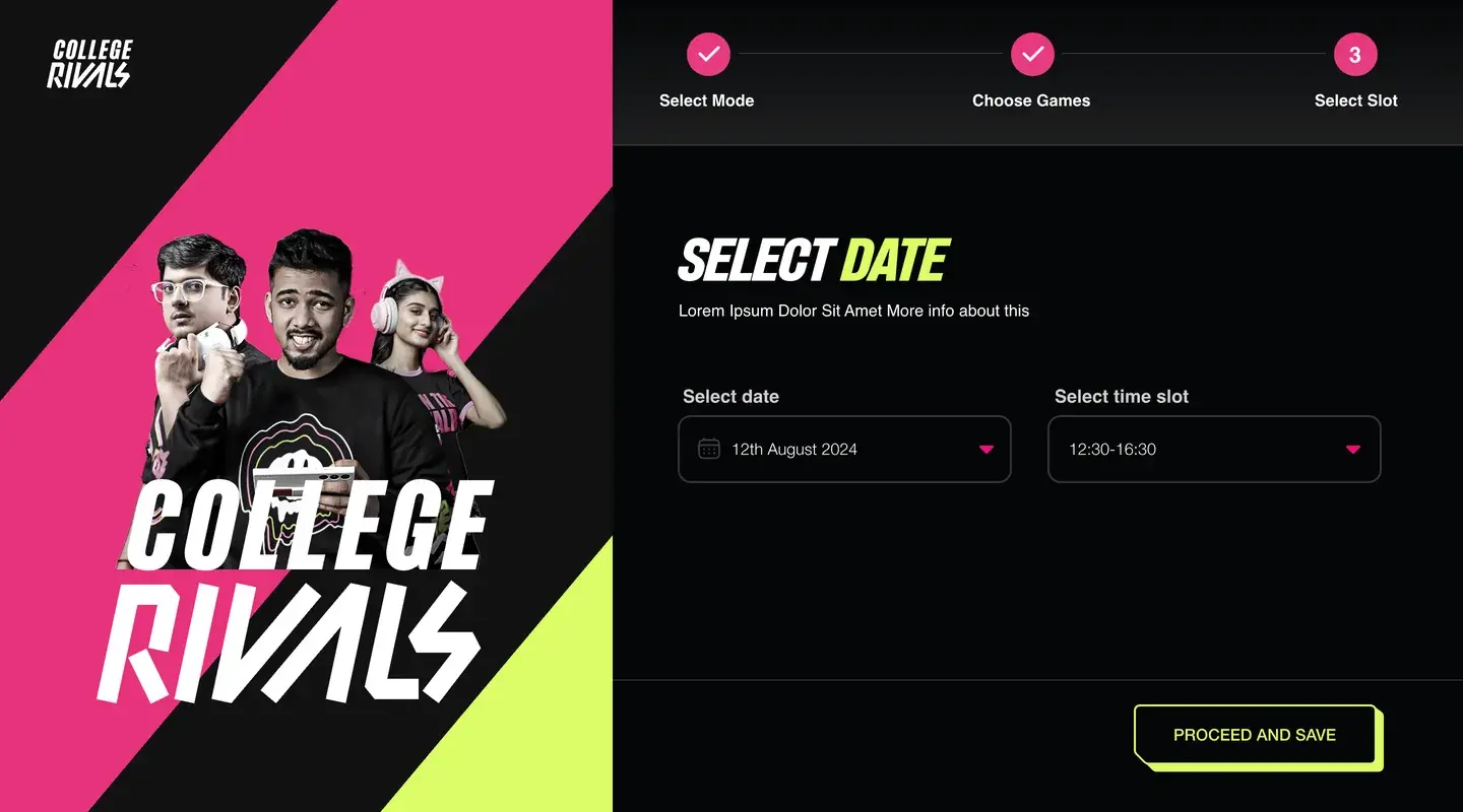 Design: Select date, with a date and a time slot, and Proceed and save.